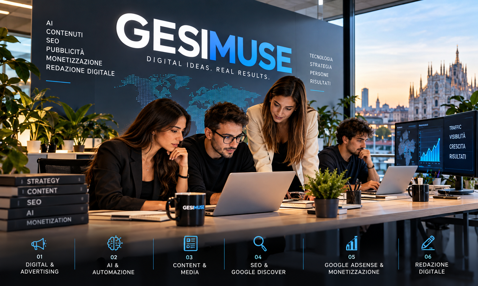Team GESIMUSE MEDIA al lavoro su strategia, AI, contenuti e SEO